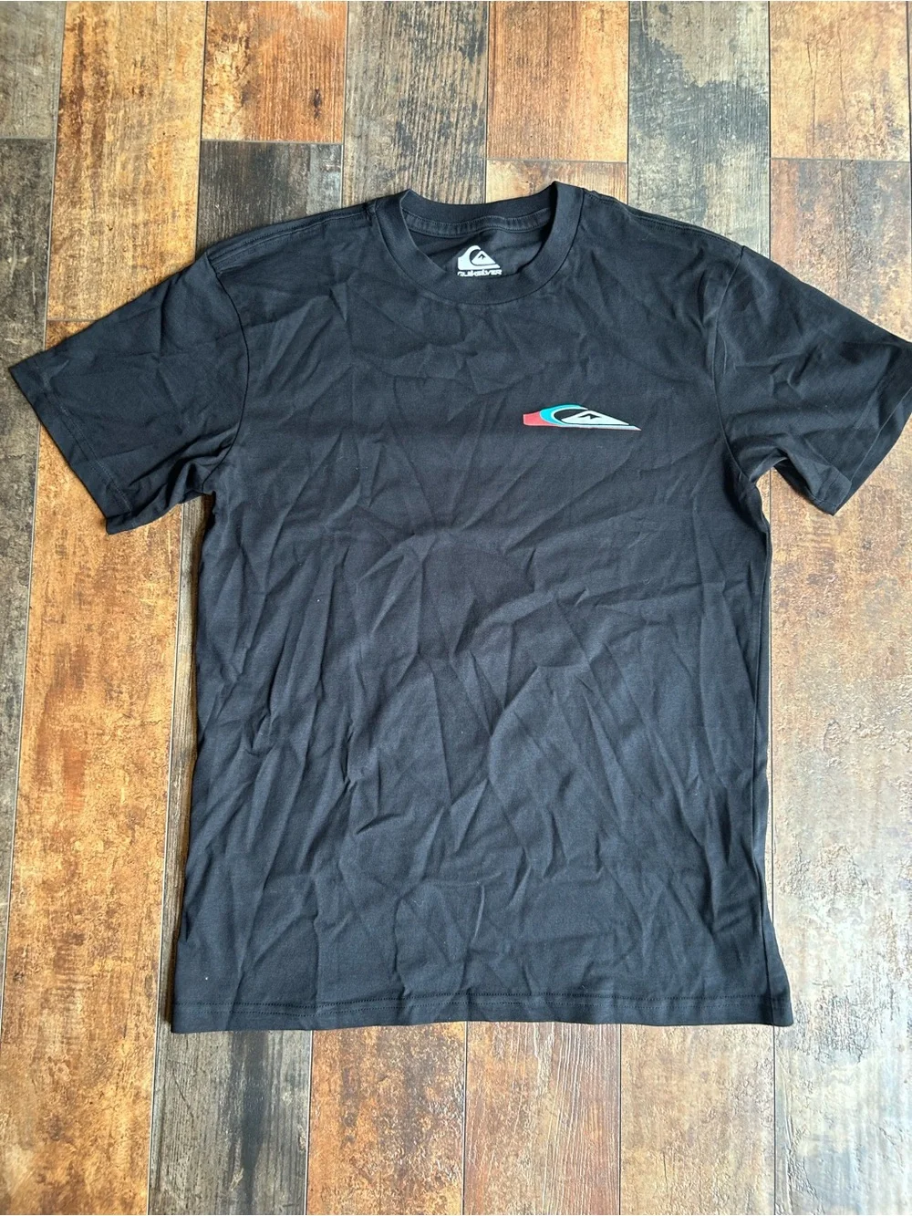 Quiksilver Black Short Sleeve Tee with Red & Teal Logo